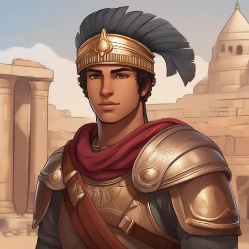 Prompt: A cute Carthaginian young soldier. Syrian skin tone. Syrian skin complexion. He wears a Carthaginian helm. In background an carthage round port. Rpg art. 2d art. 2d. Well draw face. Detailed. Dynamic pose. 