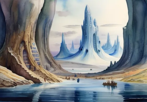 Prompt: view of Hyperborea with its inhabitants, Hyperboreans, watercolor
