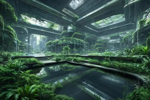 Prompt: Abandoned futuristic city overgrown with lush green plants and reflection pool high resolution