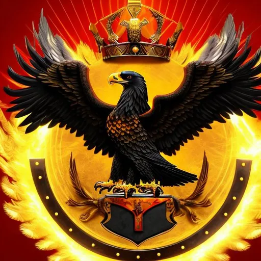 Prompt: Generate a magestic black eagle holding a shield under it with a red background with a yellow crown inside and a metalic surrounding