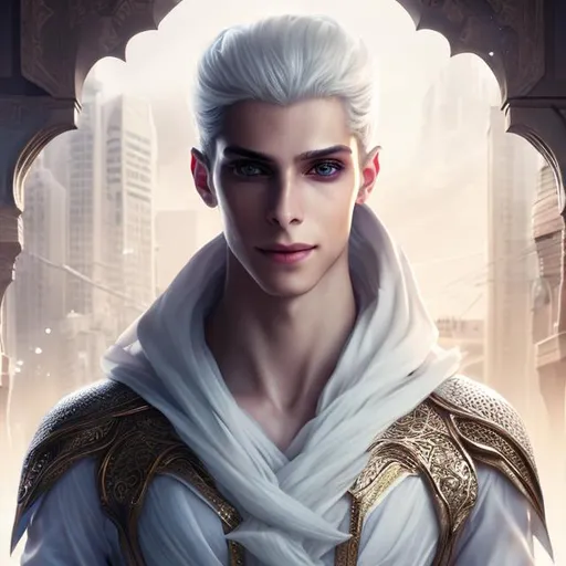 Prompt: early-twenties hot arabic man young male, light blonde hair, cheekbones, thin nose, smiling, flowing clothes, pale skin, futuristic, portrait, realistic details, photorealistic, 8k render, cinematic lighting, ultra detailed