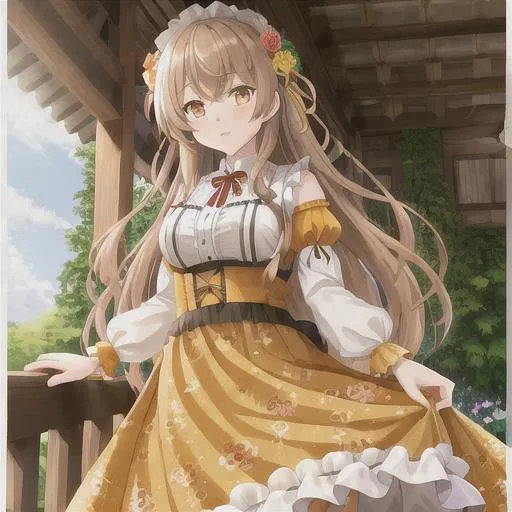 Prompt: female with long brown and white hair, yellow-orange eyes, multi coloured dress decorated in flowers, veranda of a cottage looking into a garden