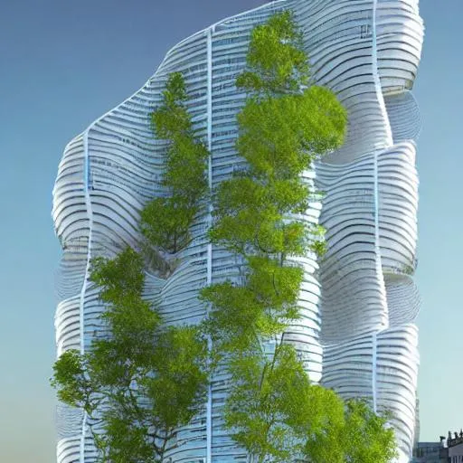 Prompt: Complete isometric view, 30 storey  office tower, trending biophilic, parametric thermal skin, cobweb wind energy seperated third skin, solar optimised, tree shape, of leaves