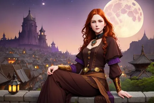 Prompt: a  dark-ginger hair woman villager,  beautiful intricate exquisite imaginative exciting, brown-colored eyes, slovian, rich , full pose, sitting with relaxed pose , violet-coloured clothes, high quality face details, by ruan jia, tom bagshaw, alphonse mucha, krenz cushart, beautiful village at night in the background, epic moon, vray render, artstation, deviantart, pinterest, 5 0 0 px models,
