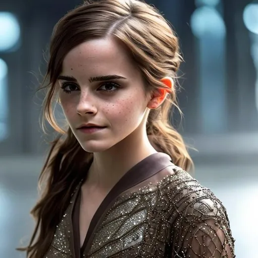 Prompt: Emma Watson, known for her roles in the Harry Potter series and other notable films. Her expressive brown eyes twinkle with intelligence, and her short, wavy hair frames her face in a carefree yet sophisticated manner. Dressed in a form-fitting jumpsuit with intricate circuit patterns, her appearance blends the futuristic technology of the Star Castle with a touch of elegance.