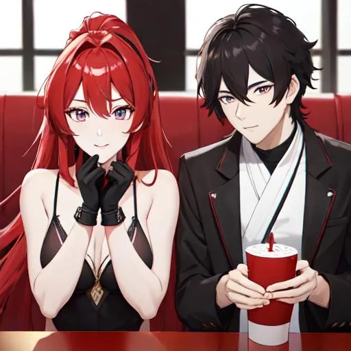 Prompt: Zerif 1male (Red side-swept hair covering his right eye) and Haley on a date 8K, UHD, best quality, highly detailed, insane detail, anime style