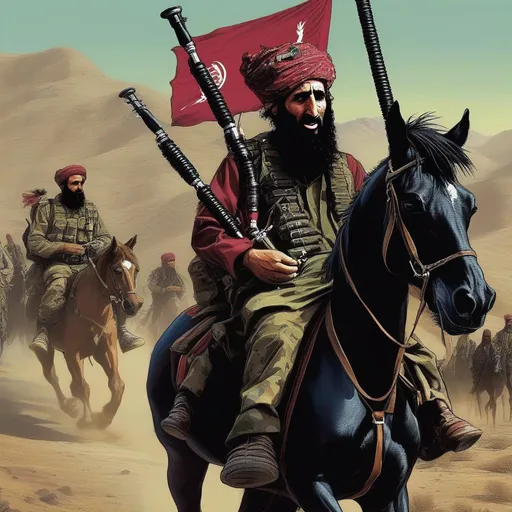 Prompt: "osama bin laden " "dinamic angry bagpiper mounted on black horse" "leads taliban troops" "visible troops" "visivle bagpipe" cyberpunk
