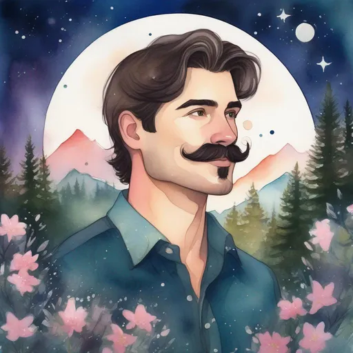 Prompt: A colourful and beautiful profile picture of a handsome brunette man with a mustach surrounded by Sitka Spruce trees, and cheery blossom flowers, and framed by mountains, the moon and constilations, done in a watercolour style