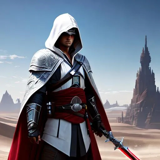 Prompt: Ezio as Sith Lord from Star Wars with lightsaber hidden blade, in a dessert, dusty planet, concept art, front, epic Instagram, artstation, hyperdetailed intricately detailed, unreal engine, fantastical, intricate detail, splash screen, complementary colors, fantasy concept art, 8k, deviantart masterpiece, oil painting, heavy strokes, splash arts
soft smile, happy, perfect face, perfect eyes, perfect teeth, perfect body, perfect anatomy, beautiful body, trending on instagram, trending on tiktok, trending on artstation, trending on cgsociety, white sclera, photorealistic, masterpiece, cinematic, 16k artistic photography, epic, drama, romance, glamour, beauty, cinematic lighting, dramatic lighting, insanely detailed, soft natural volumetric cinematic lighting, award-winning photography, rendering, hd, high definition, highly detailed