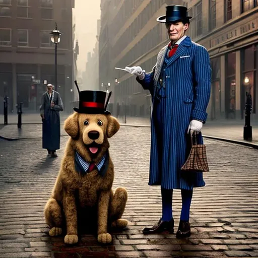 Prompt: An Anthropomorphic big old Golden Retriever dog is Mr. Lucky is  wearing dressed business officer in great depression london 1934, Mary poppins returns animated style