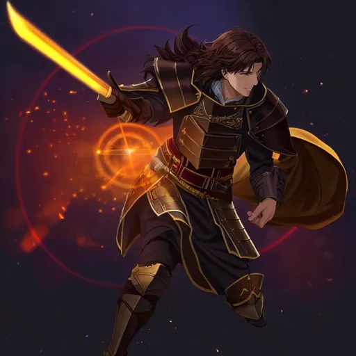 Prompt: Nikolas Dorn a dark brown haired Werewolf Cleric Of Light in full  European plate armor Golden Yellow Flame Holding The Sun Blade high res photograph