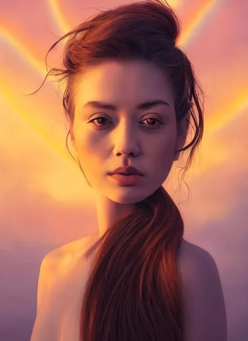 Prompt: Portrait of {woman} with {sunset} hair and with cute face and with large eyes and with small nose and with small chin, {in front of a rainbow background}, perfect composition, hyperrealistic, super detailed, 8k, high quality, trending art, trending on artstation, sharp focus, studio photo, intricate details, highly detailed, by greg rutkowski