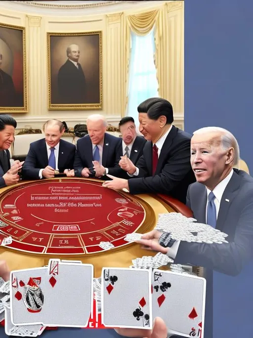 Prompt: Create a scene were vladimir putin, joe biden and xi and me, uploaded photo, are playing cards
