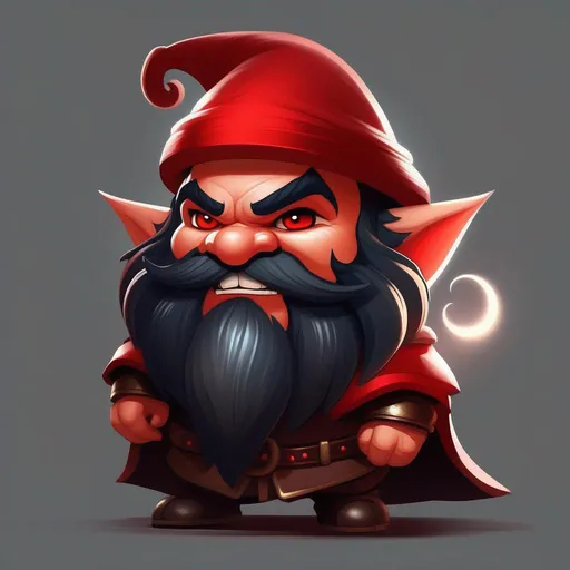 Prompt: portrait of a cute tiny dwarf as an evil creature, angry, pissed off, skinny, adorable, dark magic, terrifying face, beard, red hat, creepy pose, full body, dramatic lighting, dark and horror, dust, sharp teeth, huge smile, red eyes, intricate, wild, highly detailed, digital painting, artstation, concept art, smooth, sharp focus, illustration, art by artgerm and greg rutkowski and alphonse mucha, footage from space camera