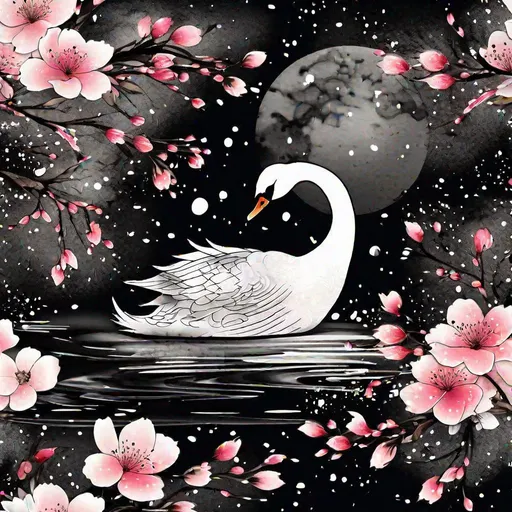 Prompt: in Japanese ink art style, a swan, black colors, black feathers, big emotional eyes, glitter, moon, cherry blossoms background, best quality, masterpiece 