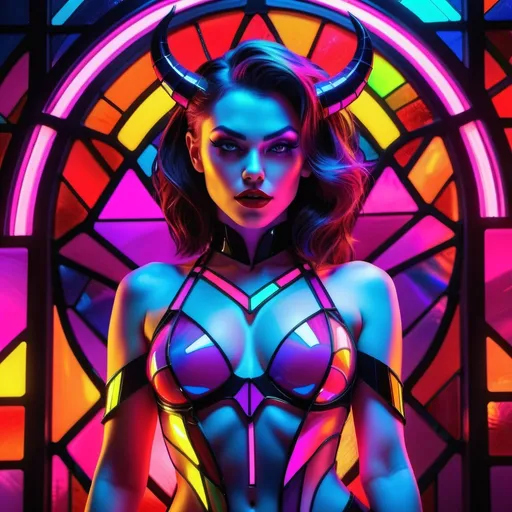 Prompt: a beautiful female demon in a dynamic pose in a retro futuristic synthwave cyberpunk neon paradise.  neon lighting, high quality, beautiful, masterpiece, artistic, synthwave, cyber, retro, futuristic