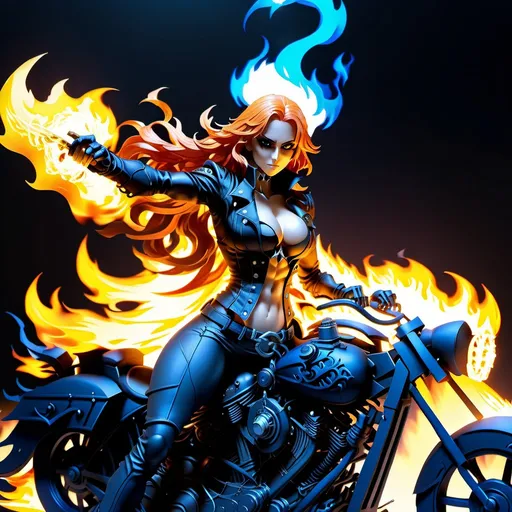 Prompt: High-quality anime illustration of a powerful female ghost rider, gothic Nordic Victorian style, perfect autonomy body shape, muscular slim tone with defined abs, detailed facial features, intense and piercing blue eyes, arms, legs, hands, fingers, toes, feet, detailed blue flames engulfing the entire body, full body view, gothic, Nordic, Victorian, powerful, muscular, slim, defined abs, intense eyes, detailed, blue flames, anime, high quality