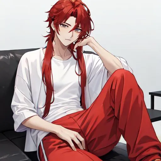 Prompt: Zerif 1male (Red side-swept hair covering his right eye) wearing a shirt and sweatpants