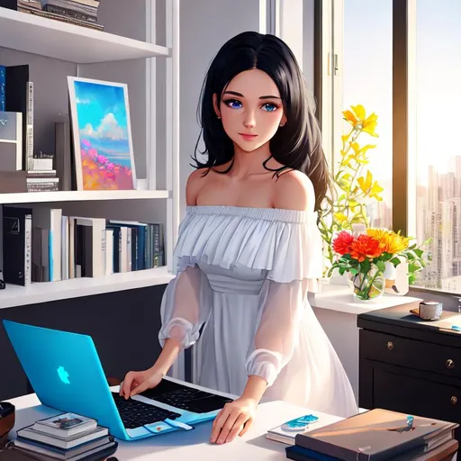 Prompt: beautiful girl, white  off the shoulder dress, black hair, blue eyes, cheerful, modern bed room, desk with laptop, books, flower on desk, sunshine, high quality, colorful, realistic art, inspired by wlop