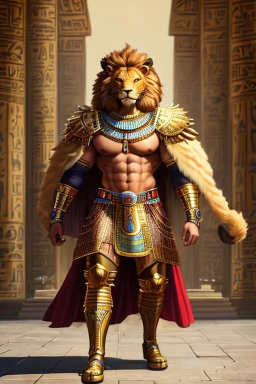 Prompt: oil painting, anthropomorphic lion, male, furry, warrior, ancient egypt, 8k, UHD,   bronze weapons, hieroglyphics art, hyperrealistic, photorealistic, beautiful art, furry art, full body picture, digital art,  hyperperfectionist, muscular, pharaoh, lion head, hyperdetailed full-body of a werelion in battle stance, hyper detailed background, ancient egypt temple inside background, god of egypt, highly detailed, panned out view of the character