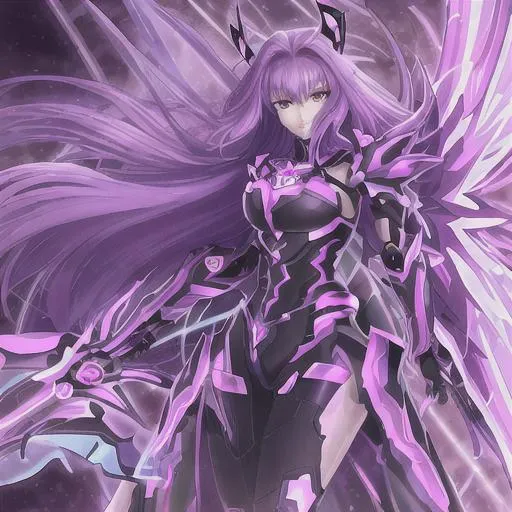 Prompt: butiful electric girl x ray giant sword armour red tall wings long hair aestetic purple and a purple aura and shining purple orbe
