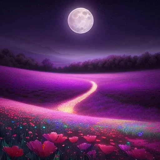 Prompt: a field full of flowers under a full moon, beautiful gorgeous digital art, enchanted dreams. instagram, splashes of colors, beautiful oil matte painting, inspired by Frances Jetter, night!, beautiful image ever created, photo taken at night