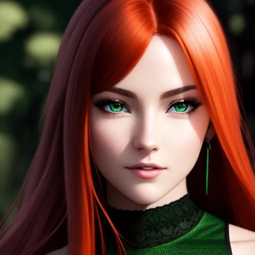 Prompt: UHD, hd , 8k,  anime, hyper realism, Very detailed, zoomed out view, clear visible face, full character in view, clear visible face, beautiful female character with long red hair and green eyes, wears a yellow crop top and brown tight pants wearing boots, full body portrait