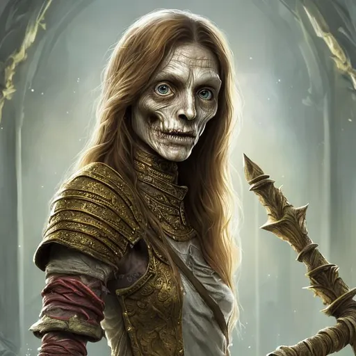 Prompt: Full body splash art of a sweet, youthful, female undead zombie sorceress, mummified face, blue eyes, very long dark blonde hair with thin curtain bangs, skinny, wearing long pastel colored dress, carrying a wooden staff, D&D, dnd, fantasy, highly detailed, sharp focus, digital painting, artstation, 4k, 8k, warm tones
