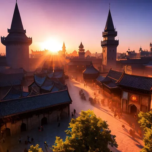 Prompt: D&d medieval city, sun rays, seen by the sky, wide open, professional, render, Sharp focus, HD, UHD, HDR, hyperrealistic 