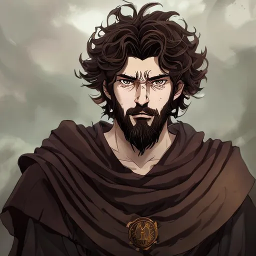Prompt: marcus aurelius bearded moody curly hair dark colours anime portrait roman robes