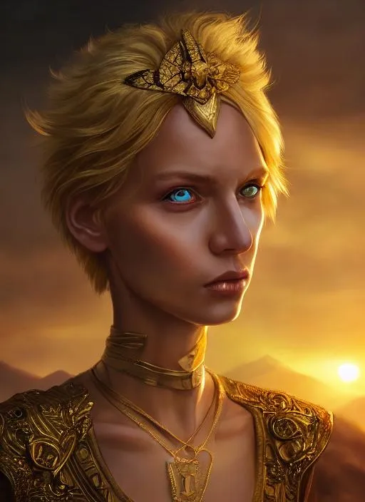 Prompt: Portrait of  a mage of light with short golden hair and gold eyes {during sunset}, perfect composition, hyperrealistic, super detailed, 8k, high quality, trending art, trending on artstation, sharp focus, studio photo, intricate details, highly detailed
