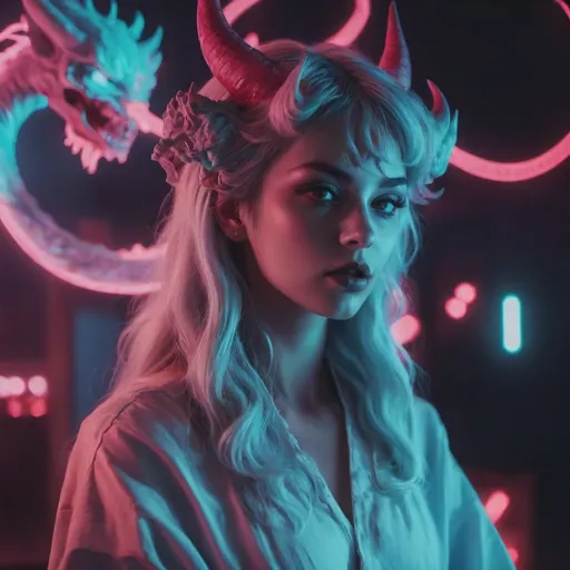 Prompt: beautiful female demon, hell, demonic, vaporwave, retro, neon, aesthetic, liminal, high quality, high definition, beautiful, dramatic lighting