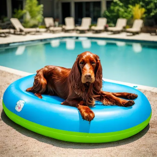 Prompt: A Irish Setter dog on a pool floatie in a pool