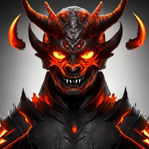 Prompt: Digital art headshot of Gordan Ramsey as a demon, orange, black armor, evil smile, nonhuman