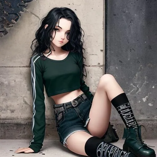 Prompt: An insanely beautiful girl around 16 years old. punk clothes. perfect anatomy, symmetrically perfect face. perfect grey eyes. beautiful short dark green wavy hair. no extra limbs or hands or fingers or legs or arms.