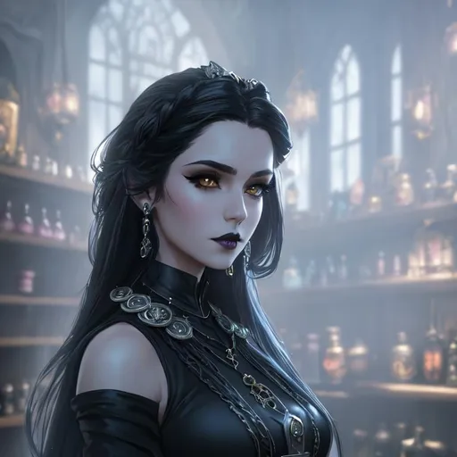 Prompt: ((Masterpiece)), Goth girl, messy long hair, stylized , black lips, silver necklace, full body, d & d, in a potion shop, fantasy, intricate, elegant, highly detailed, digital painting, artstation, concept art, matte, sharp focus, illustration, hearthstone, art by artgerm and greg rutkowski and alphonse mucha, 8k, HDR, UHD,  <lora:epiNoiseoffset_v2:0.8>