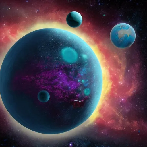 Prompt: Create a picture of an imaginary planet in the Medium Risk Zone of Star Atlas. 