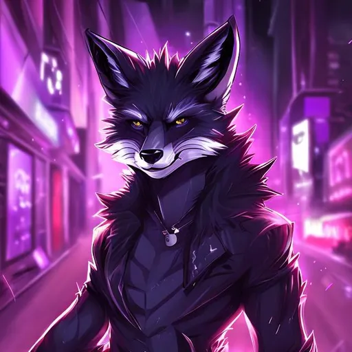 Prompt: Fox, anthro, emo, purple eyes, male, sly grin, seductive, night club, lights, alone, black fur.