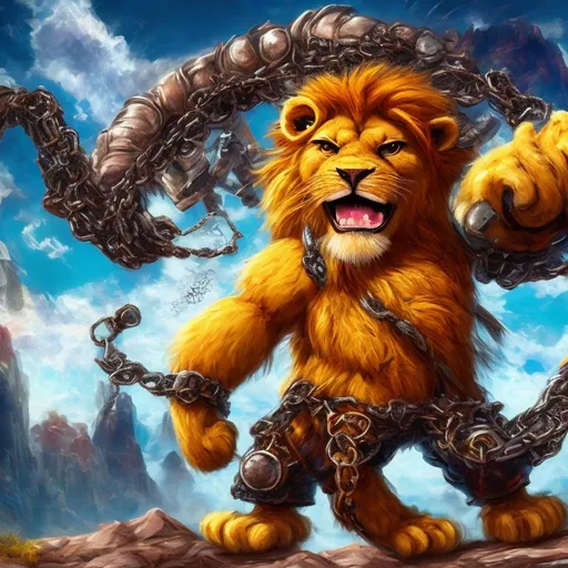 Prompt: Lion headed monster, full body,  wearing pants, tail, overalls, belt, breaking free of chains, cartoonish, youtube kids,  skylanders, blurry background