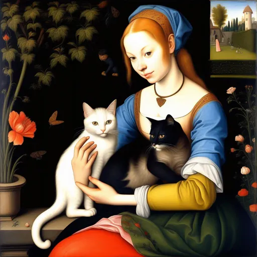 Prompt: Young beautiful lady playing with a cat in a garden, 15th century, oil on canvas, realistic, colorful, highly detailed