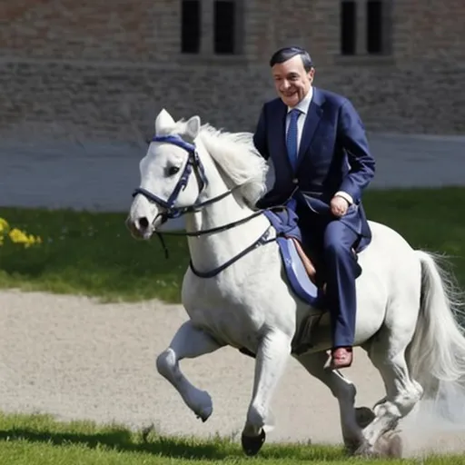 Prompt: Mario Draghi che cavalca un poni