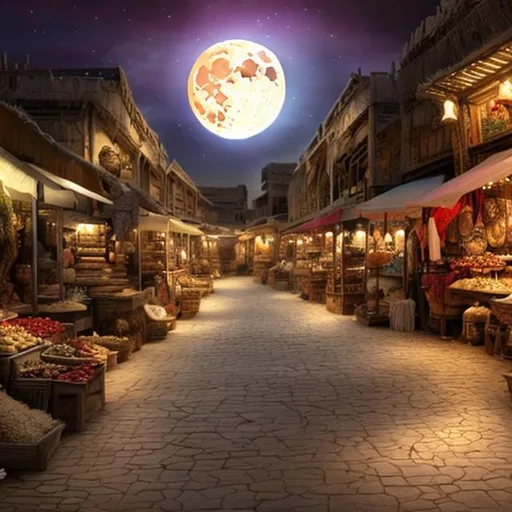 Prompt: concept art, fantasy, full moon, town near salt flats, market bazaar