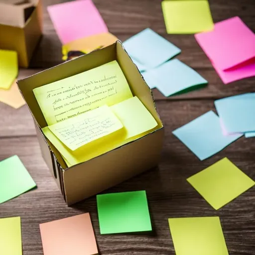 Prompt: a box on top of office table filled with many post it notes with task list inside