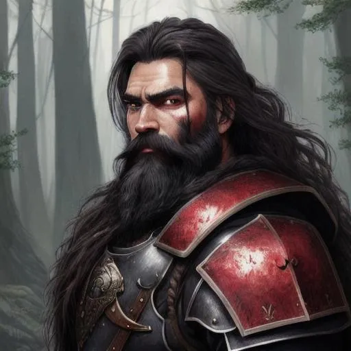 Prompt: ultra realistic face, oil painting, upper body, wears plate armour , male Human character, has long great black beard that rests upon his shoulders, Red Eyes, wielding a great Hammer, He is a Bloodhunter, She is located in a Dark forest. She has dark ashen skin colour