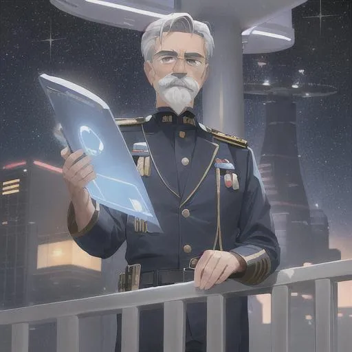 Prompt: An old male scifi space navy officer. He is an old man with grey hairs and mustaches. He wears a scifi dark blue uniform with golden grades. he stands on the bridge of a spaceship, while soldiers works in the background.  anime art. Aniplex art. 2d art. 2d. 