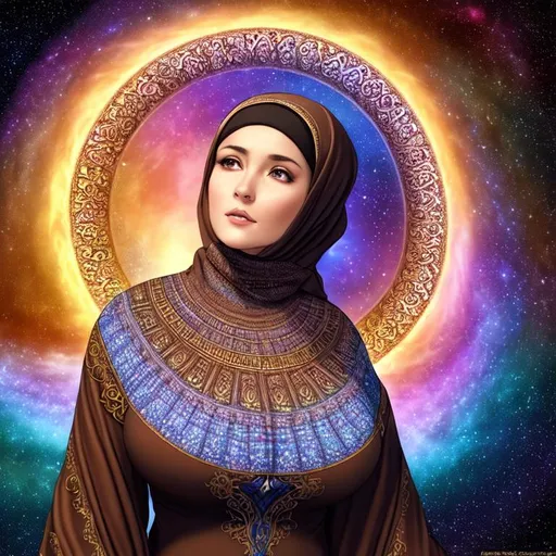 Prompt: full color fibonacci on julia fractal formula background sky, best looking big-breasted mature woman in the world, with perfect composition, insanely detailed, highly detailed, good quality full HD, detailed beautiful skin, a sharp small nose, a full dark color mandelbort fractal hijab, brown eyes, a modest long full-sleeved full color mandelbort fractal dress, full body.

