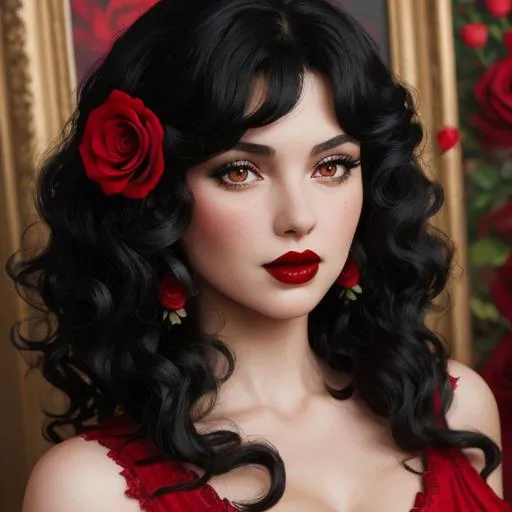 Prompt: woman with curly black hair, red lips,  Red dress, red roses in her hair, facial closeup

