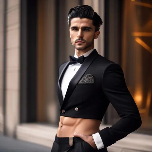 Prompt: make a cinematic photo of an attractive long-haired young man with a six pack abs wearing a crop top black long sleeve closed buttoned up tuxedo with a bowtie, black tuxedo pants, and a bare midriff, he also has an exposed belly button, standing outside, he also has a q-tip in his belly button, panavision camera, camera stock, kodak stock, 2k, highly detailed, award winning, full color,  illustration, concept art, smooth, sharp focus
