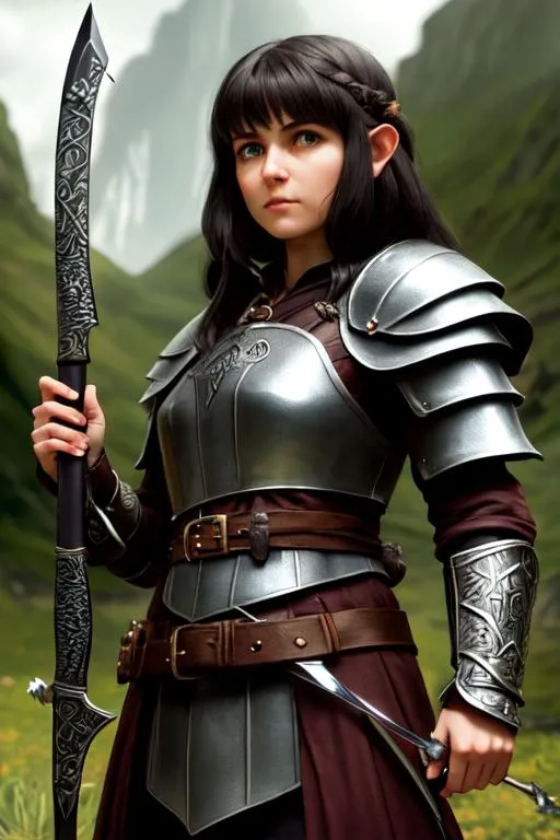 Prompt: hobbit Woman thief, standing in shadows, dagger, small weapons, bow and arrow, tough, realistic leather armor, fully covered chest, practical leather armor, Hyper-realistic, perfect, full body shot, intricate, symmetrical, wide eyes, soft-lighting, detailed-face, high details, UHD, real hands, proper hands, real fingers, proper fingers, no deformed parts, no writing