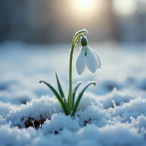 Prompt: in a snowy meadow, a solitary snowdrop grows, covered in frost, uhd, photorealistic
